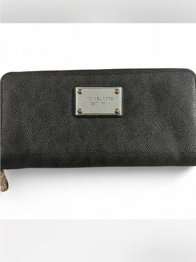 Michael Kors Black Pebbled Leather Zip Wallet with Silver Logo Plate